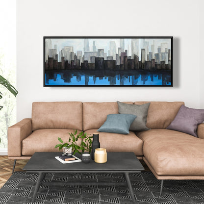 Toile « Vue sur la ville bleue » | Décoration murale contemporaine encadrée