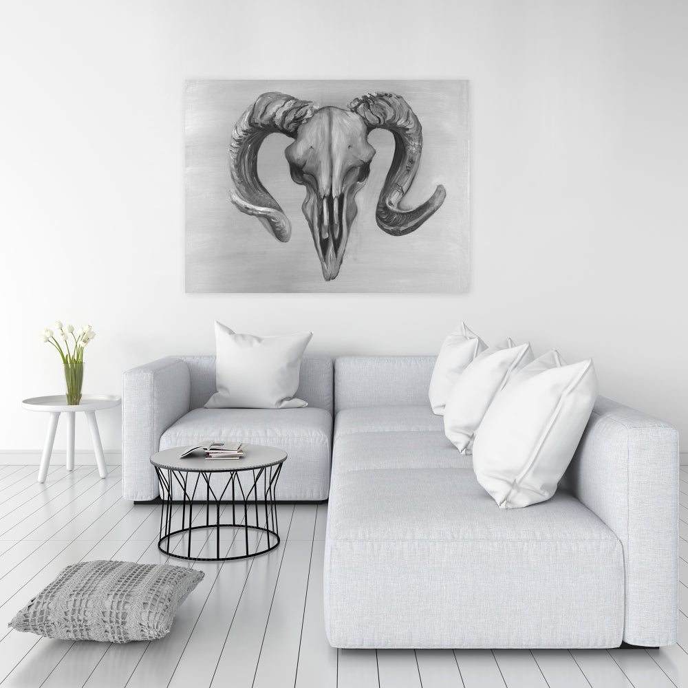 Toile Crâne Bélier en nuances de gris - Décoration d'intérieur grise avec animaux de la ferme