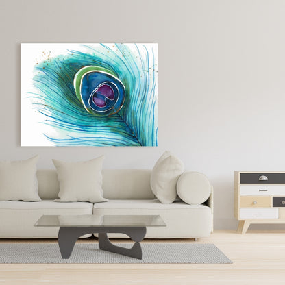 Peacock Feather Closeup Canvas | Bohemian Bird Blue Decor