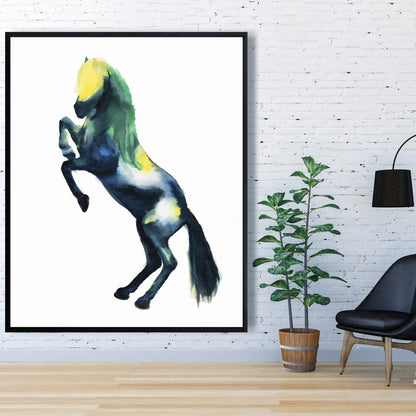 Toile encadrée représentant un cheval bleu et des animaux de la ferme, décoration d'intérieur