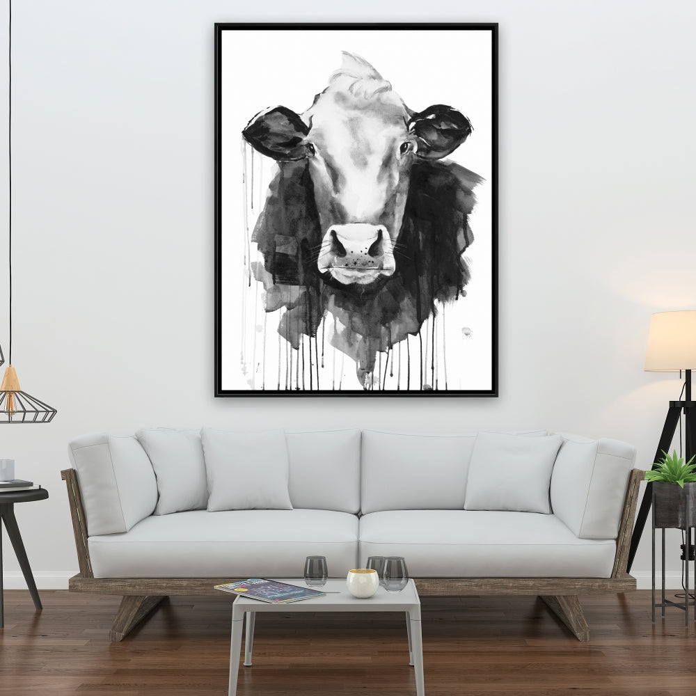 Toile monochrome représentant une vache et un animal de la ferme | Décoration d'intérieur encadrée