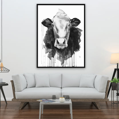 Toile monochrome représentant une vache et un animal de la ferme | Décoration d'intérieur encadrée