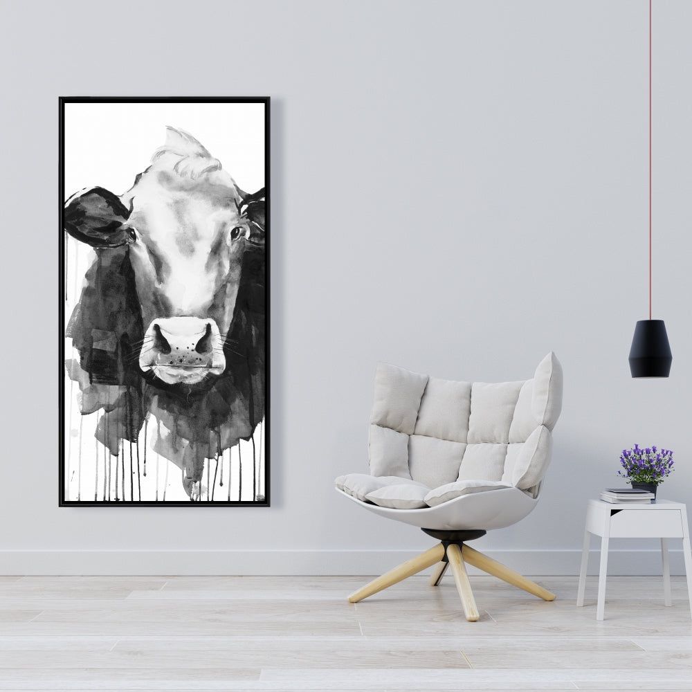 Toile monochrome représentant une vache et un animal de la ferme | Décoration d'intérieur encadrée