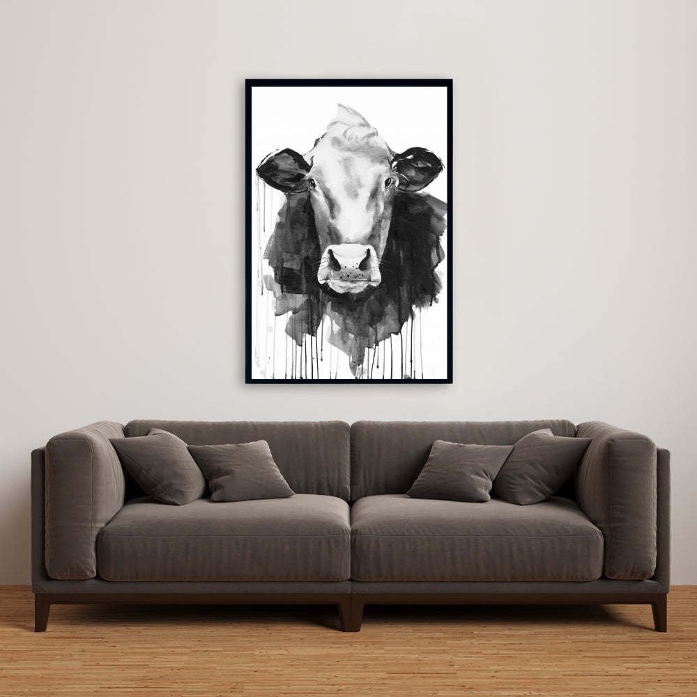 Toile monochrome représentant une vache et un animal de la ferme | Décoration d'intérieur encadrée