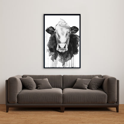 Toile monochrome représentant une vache et un animal de la ferme | Décoration d'intérieur encadrée