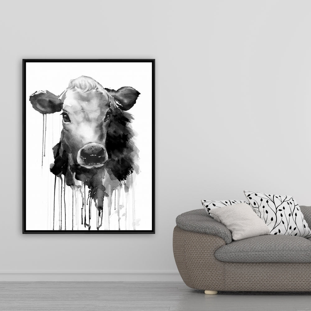 Toile de cuisine grise représentant une vache Jersey | Décoration d'intérieur encadrée