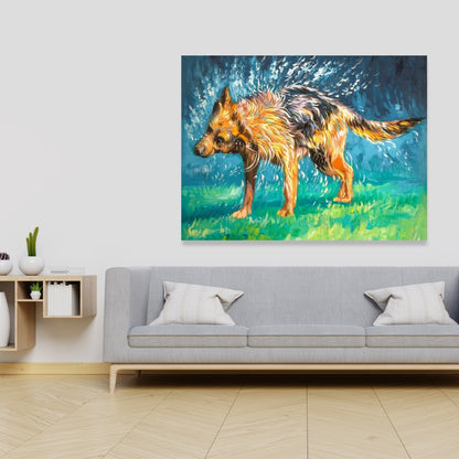 Spin-Dry Wet German Shepherd Canvas | Blue Pet Home Decor