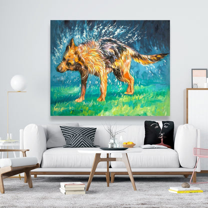 Spin-Dry Wet German Shepherd Canvas | Blue Pet Home Decor