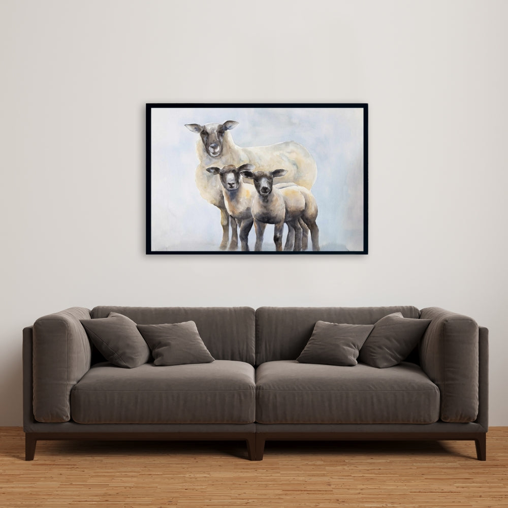 Toile bleue pour chambre à coucher : Famille de moutons | Décoration d'intérieur avec animaux de la ferme