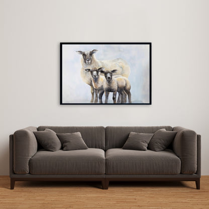 Toile bleue pour chambre à coucher : Famille de moutons | Décoration d'intérieur avec animaux de la ferme