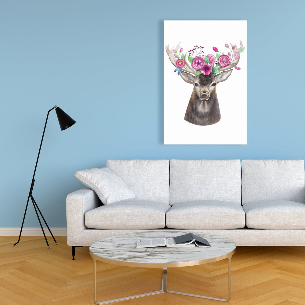 Brown Deer Romantic Canvas - Deer Head with Flowers Decor