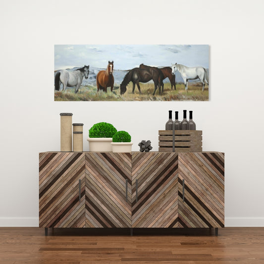 Rustic Bedroom Canvas | Horses Eating in Meadow Wall Art