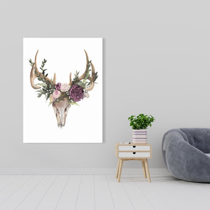 Rustic Deer Skull with Flowers Canvas - Animal Bedroom Decor