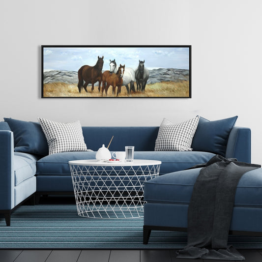 Rustic Blue Framed Canvas - Horses in Meadow by Sun Decor