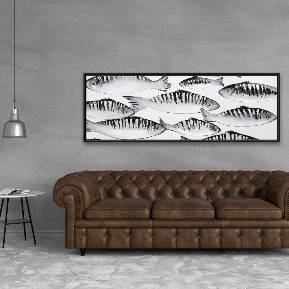 Gray Shoal of Fish Framed Canvas | Contemporary Home Decor