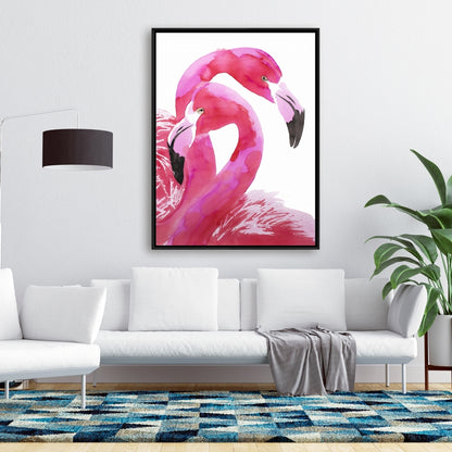 Aquarelle Flamingo Love - Toile encadrée avec oiseau rose