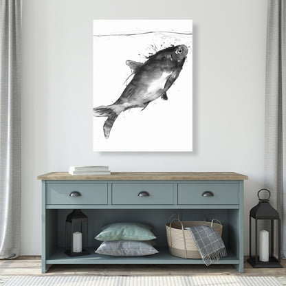 Happy Swimming Fish Gray Canvas | Aquatic Animals Home Decor