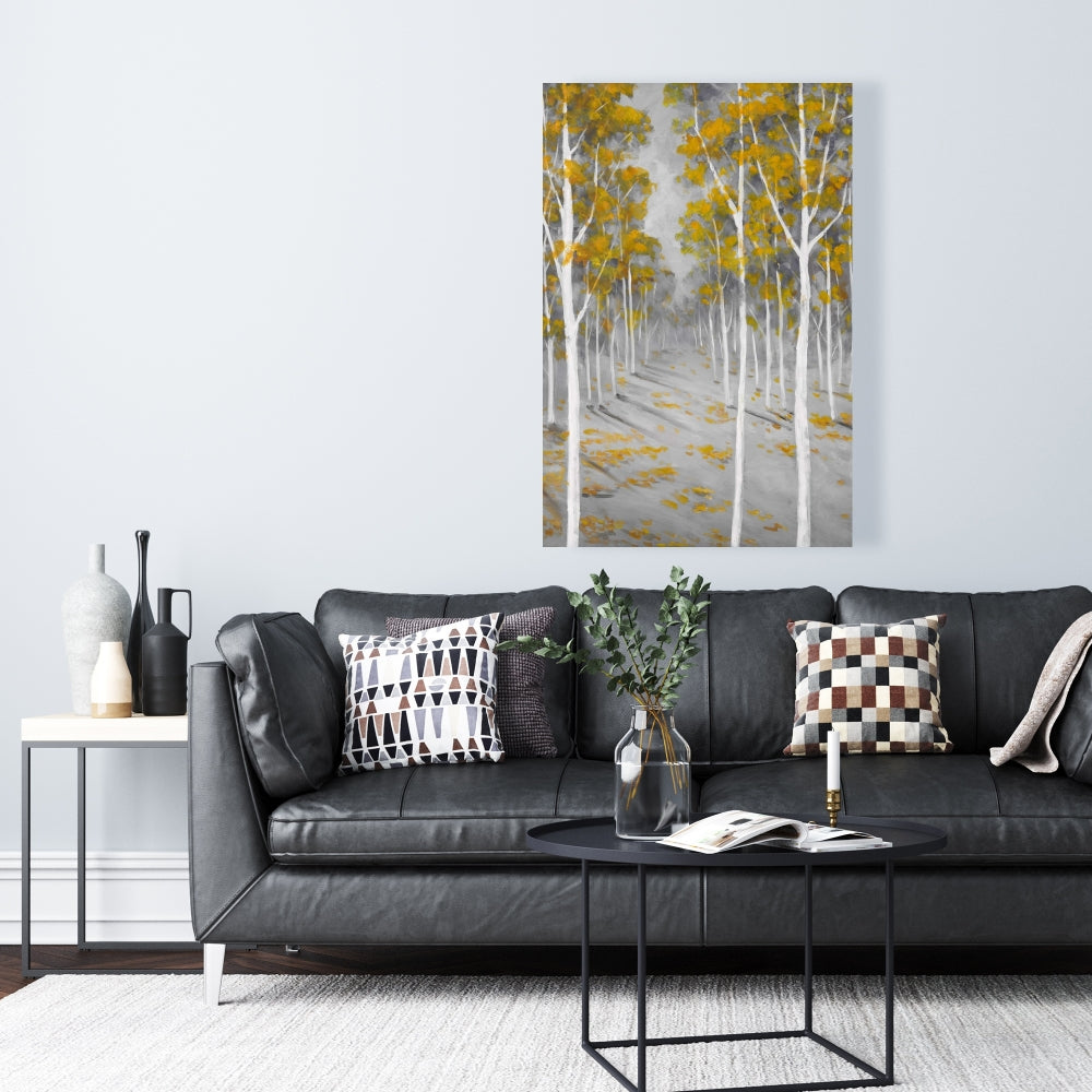 Toile encadrée représentant un paysage de forêt de bouleaux et d'arbres gris - Décoration d'intérieur