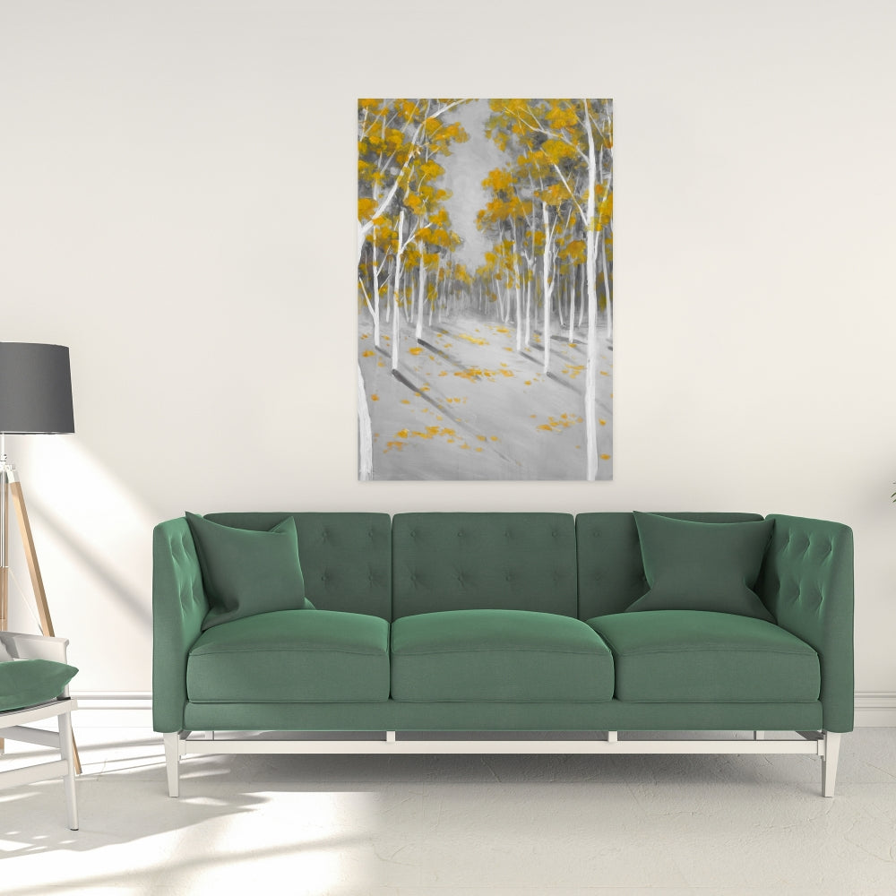 Toile de chambre grise avec forêt de bouleaux jaunes | Décoration contemporaine