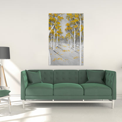 Toile de chambre grise avec forêt de bouleaux jaunes | Décoration contemporaine