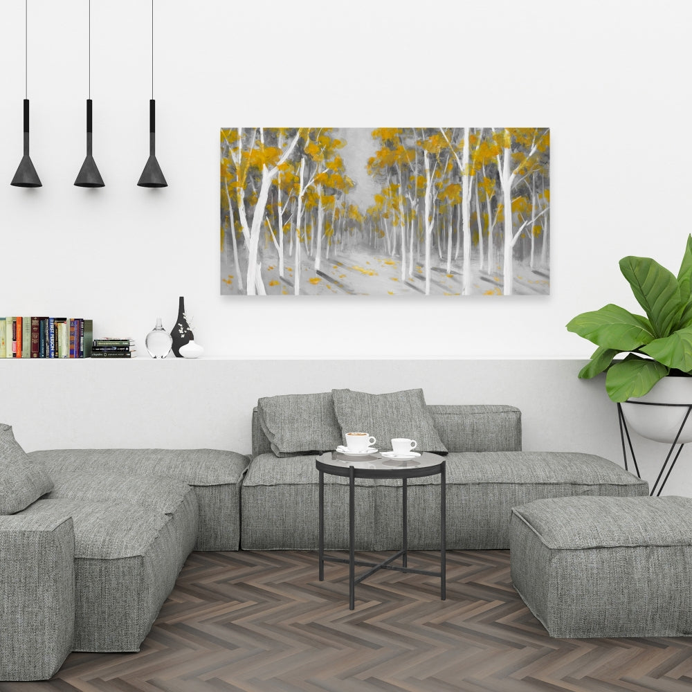 Toile de chambre grise avec forêt de bouleaux jaunes | Décoration contemporaine