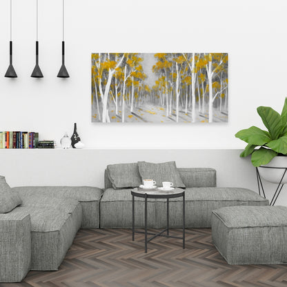 Toile de chambre grise avec forêt de bouleaux jaunes | Décoration contemporaine