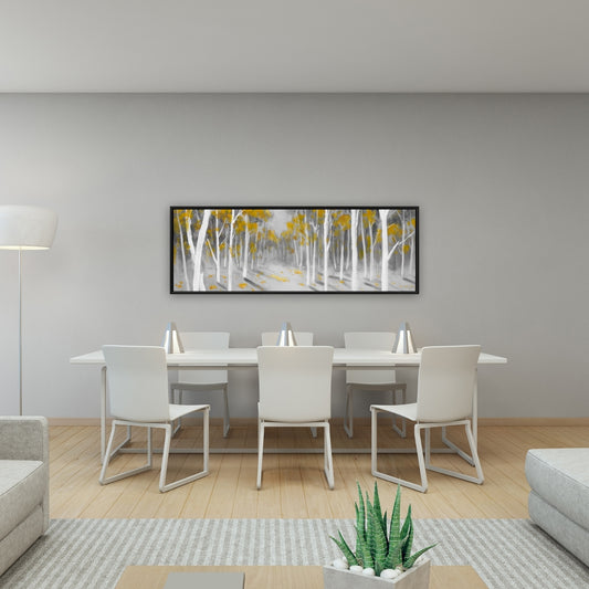 Toile de chambre grise avec forêt de bouleaux jaunes | Décoration contemporaine