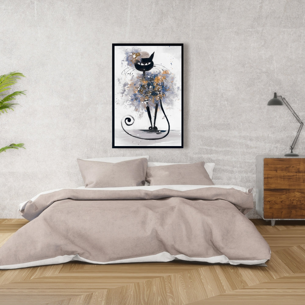 Toile de dessin animé Chat noir | Décoration de chambre pour animaux avec cadre bleu