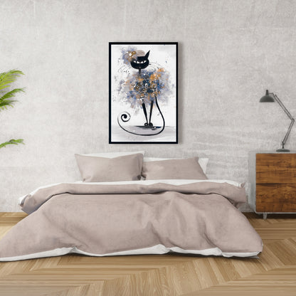 Toile de dessin animé Chat noir | Décoration de chambre pour animaux avec cadre bleu