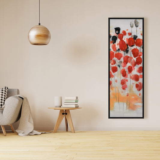 Abstract Red Dotted Flowers Field - Contemporary Framed Canvas