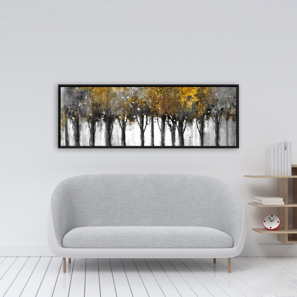 Toile grise contemporaine pour salon | Décor forêt illuminée