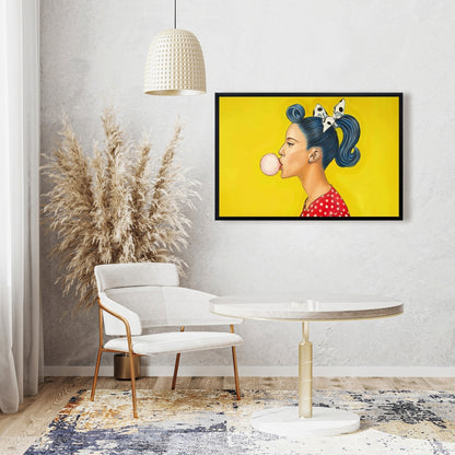 Retro Woman Ponytail Canvas - Blue Figurative Framed Art