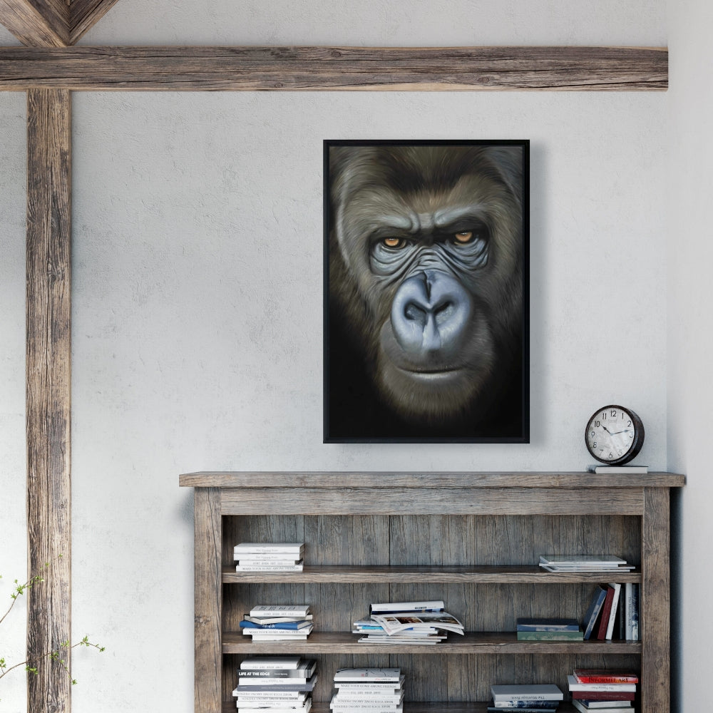 Toile représentant un visage de gorille | Décoration d'intérieur encadrée avec un animal marron