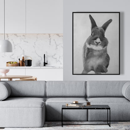 Toile « Lapin gris amusant » | Décoration monochrome pour chambre blanche