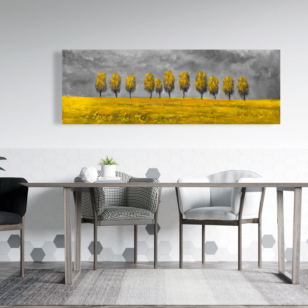Toile représentant des arbres jaunes dans un champ – Décoration murale moderne pour chambre à coucher