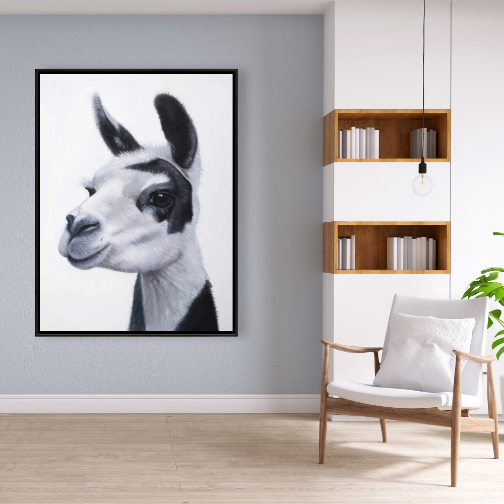 Toile de chambre blanche rustique - Décoration d'intérieur Lama noir et blanc