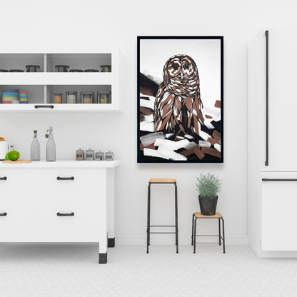 Toile rustique représentant une chouette hulotte | Décoration d'intérieur encadrée