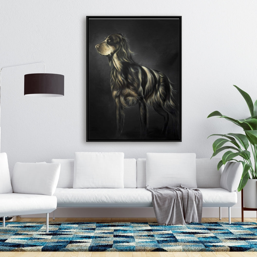 Toile encadrée marron représentant un épagneul picard