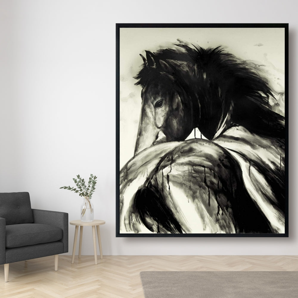 Toile encadrée classique représentant des chevaux et des animaux de la ferme | Décoration de salon rustique