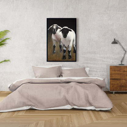 Toile encadrée Deux agneaux – Décoration de salon rustique avec animaux de la ferme