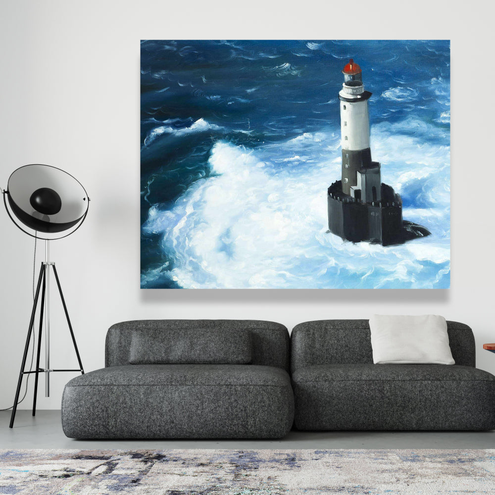 Unleashed Waves on a Lighthouse | Marine Blue Coastal Canvas