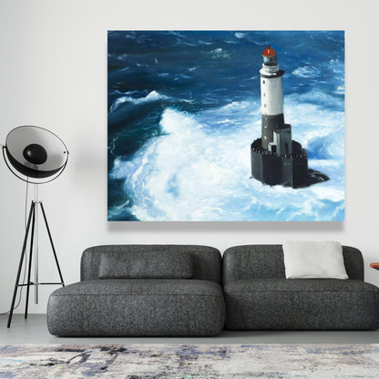 Unleashed Waves on a Lighthouse | Marine Blue Coastal Canvas