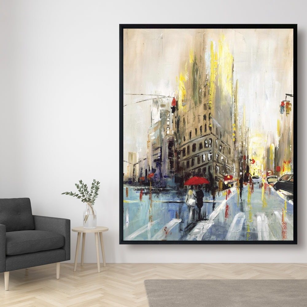 Toile beige abstraite « Rue pluvieuse » | Décoration de chambre urbaine