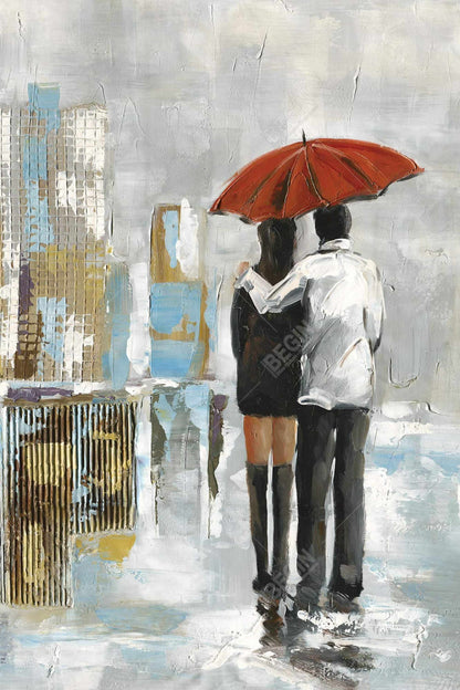 Couple marchant sous un parapluie | Toile encadrée abstraite