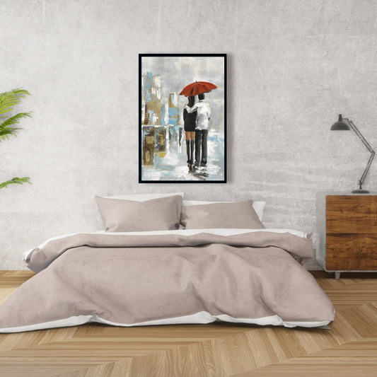 Couple marchant sous un parapluie | Toile encadrée abstraite