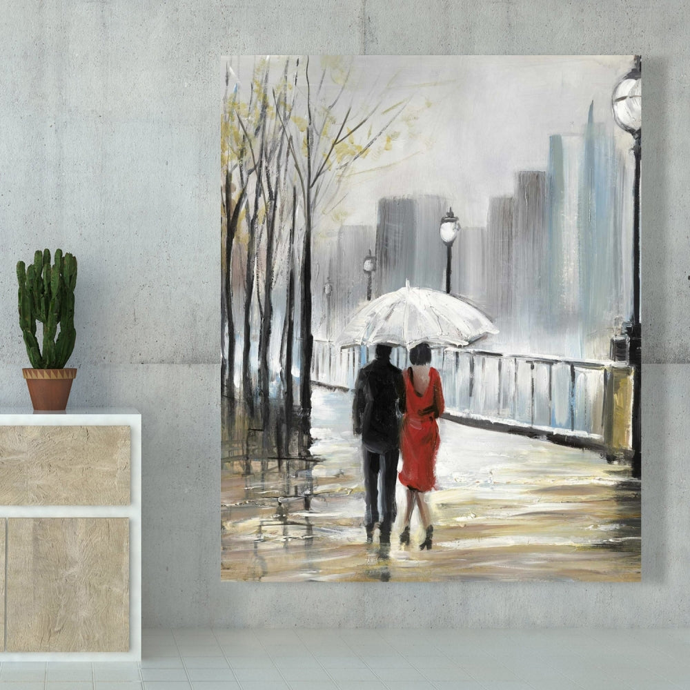 Couple marchant sous la pluie sur toile grise - Décoration de chambre à coucher avec arbres