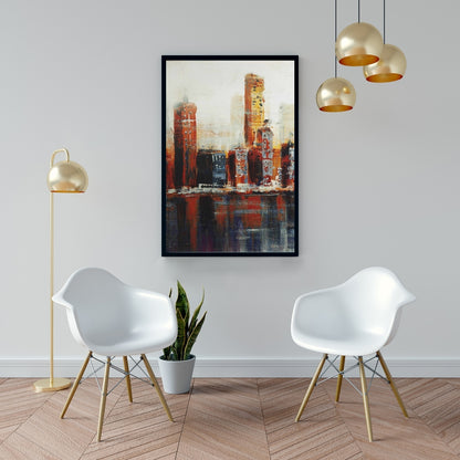 Toile abstraite de paysage urbain rouge | Décoration murale pour chambre à coucher