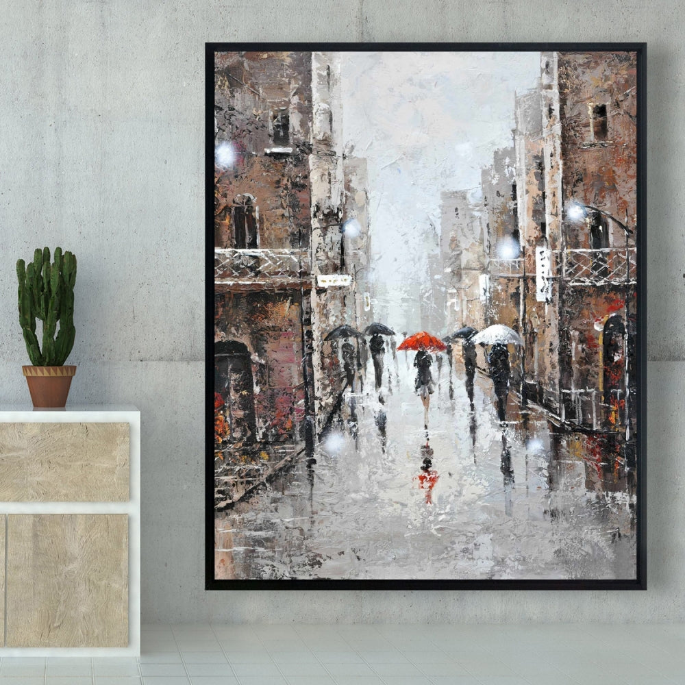 Toile City Rain - Cadre marron | Décoration murale pour chambre à coucher