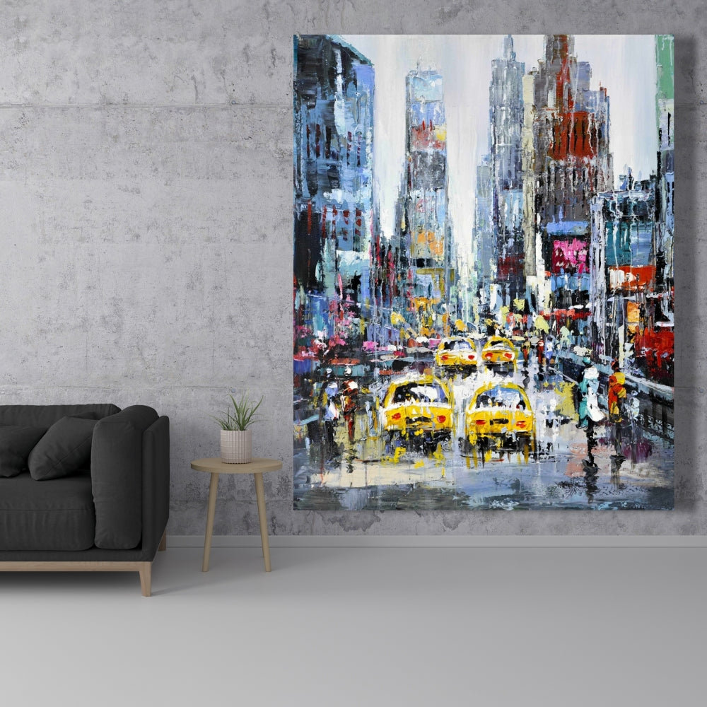 Contemporary Building Blue Canvas | Urban Scene with Yellow Taxis