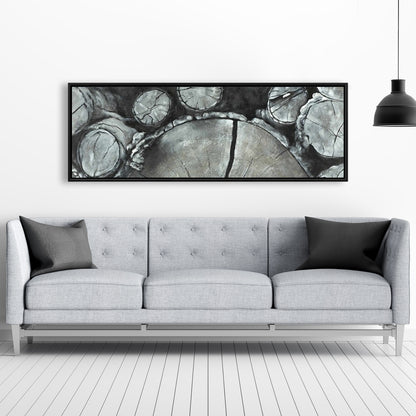 Stacked Wood Logs Canvas | White Framed Monochrome Decor